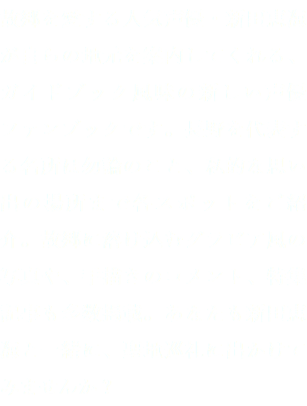 故郷を愛する人気声優・新田恵海が自らの地元を案内してくれる、ガイドブック風味の新しい声優ファンブックです。長野を代表する名所は勿論のこと、私的な思い出の場所まで各スポットをご紹介。故郷に溶け込むグラビア風の写真や、手描きのコメント、特集記事も多数掲載。あなたも新田恵海と一緒に、聖地巡礼に出かけてみませんか？